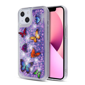 Apple iPhone 13 (6.1) Quicksand Glitter Hybrid Protector Cover - Butterfly Dancing & Purple Hearts