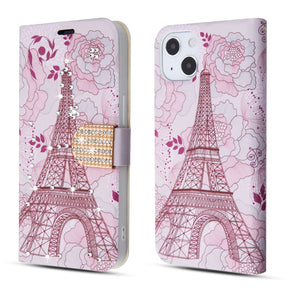 Apple iPhone 13 (6.1) Diamond Design Wallet Case - Eiffel Tower