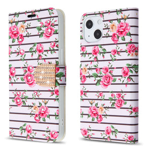 Apple iPhone 13 mini (5.4) Diamond Design Wallet Case - Fresh Pink Roses