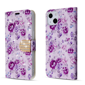 Apple iPhone 13 (6.1) Diamond Design Wallet Case - Fresh Purple Flowers