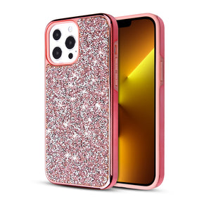 Apple iPhone 13 Pro (6.1) Encrusted Rhinestones Hybrid Case - Electroplated Pink / Pink
