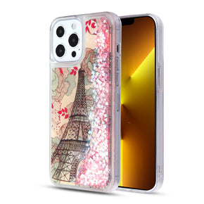 Apple iPhone 13 Pro (6.1) Quicksand Glitter Hybrid Protector Cover - Eiffel Tower & Pink Hearts