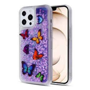 Apple iPhone 13 Pro (6.1) Quicksand Glitter Hybrid Protector Cover - Butterfly Dancing & Purple Hearts