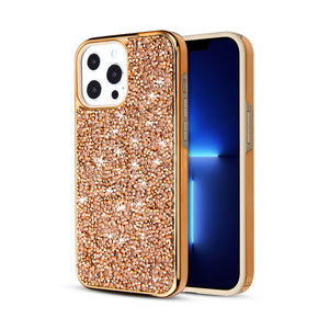Apple iPhone 13 Pro Max (6.7) Encrusted Rhinestones Hybrid Case - Electroplated Rose Gold / Rose Gold