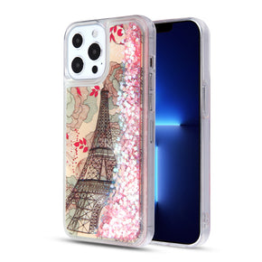 Apple iPhone 13 Pro Max (6.7) Quicksand Glitter Hybrid Protector Cover - Eiffel Tower & Pink Hearts