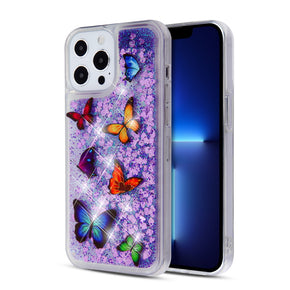 Apple iPhone 13 Pro Max (6.7) Quicksand Glitter Hybrid Protector Cover - Butterfly Dancing & Purple Hearts