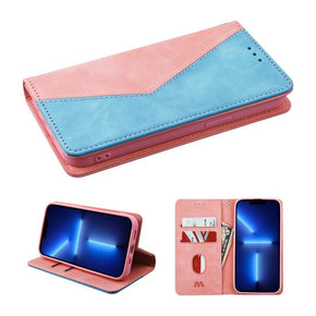 Apple iPhone 13 Pro Max (6.7) Splicing Wallet Case - Pink / Blue