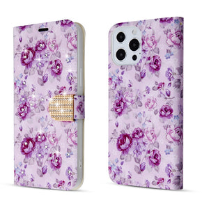 Apple iPhone 13 Pro (6.1) Diamond Design Wallet Case - Fresh Purple Flowers