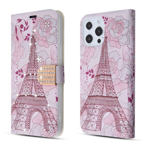 Apple iPhone 13 Pro (6.1) Diamond Design Wallet Case - Eiffel Tower