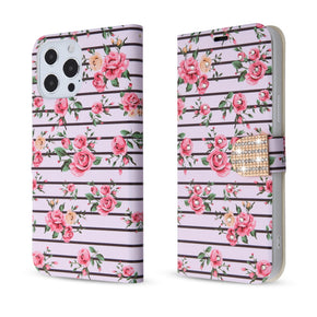 Apple iPhone 13 Pro Max (6.7) Diamond Design Wallet Case - Fresh Pink Roses