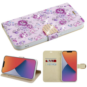 Apple iPhone 14 (6.1) Diamond Series Wallet Case - Fresh Purple Flowers