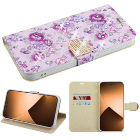 Apple iPhone 14 Pro (6.1) Diamond Series Wallet Case - Fresh Purple Flowers