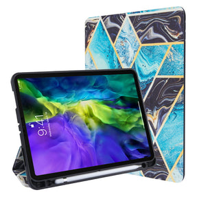 Apple iPad Pro 11 (2021) / iPad Pro 11 (2020) / iPad Pro (2018) Smart Cover Slim Trifold Folio Stand Case - Black & Blue Marbling
