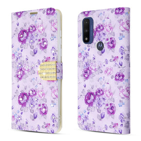 Motorola Moto G Pure / Moto G Power (2022) Diamond Design Wallet Case - Fresh Purple Flowers