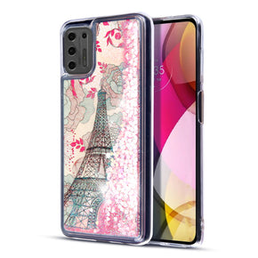 Motorola Moto G Stylus (2021) Quicksand Glitter Hybrid Protector Cover - Eiffel Tower & Pink Hearts
