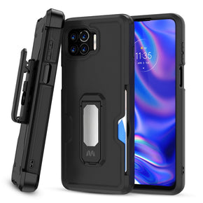 Motorola Moto One 5G / Moto G 5G Plus Grip Stand Protector Combo Case (w/ Card Holder, Magnetic Kickstand, and Holster) - Black