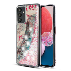 Samsung Galaxy A13 5G / Galaxy A13 (4G) Quicksand Glitter Hybrid Protector Cover - Eiffel Tower & Pink Hearts