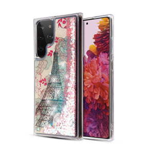 Samsung Galaxy S22 Ultra Quicksand Glitter Hybrid Protector Cover - Eiffel Tower & Pink Hearts