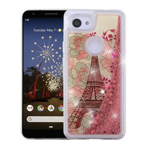 Google Pixel 3a Quicksand Glitter Hybrid Protector Cover - Eiffel Tower & Pink Hearts