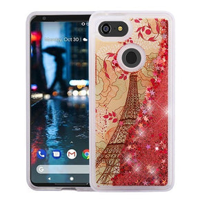 Google Pixel 3 Quicksand Glitter Hybrid Protector Cover - Eiffel Tower & Pink Hearts
