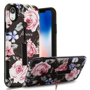 Apple iPhone XR Finger Grip Hybrid Protector Cover w/ Silicone Strap & Metal Stand - Dark Roses / Black