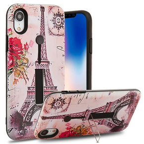 Apple iPhone XR Finger Grip Hybrid Protector Cover w/ Silicone Strap & Metal Stand - Paris Memory / Black