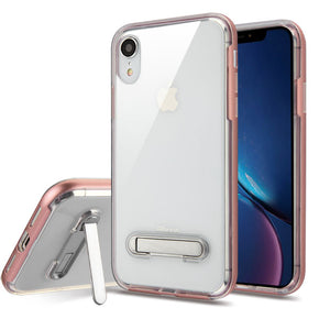 Apple iPhone XR Metallic Frame Transparent Clear Hybrid Case (w/ Kickstand) - Rose Gold