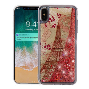 Apple iPhone XS Max Quicksand Glitter Hybrid Protector Cover - Eiffel Tower & Rose Gold Stars