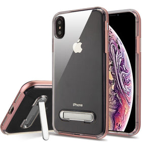 Apple iPhone XS Max Metallic Bumper Transparent Clear Hybrid Case (w/ Kickstand) - Rose Gold