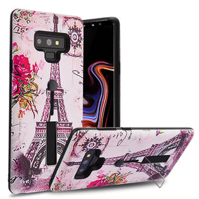 Samsung Galaxy Note 9 Finger Grip Hybrid Protector Cover (w/ Silicone Strap and Metal Kickstand) - Paris Memory / Black