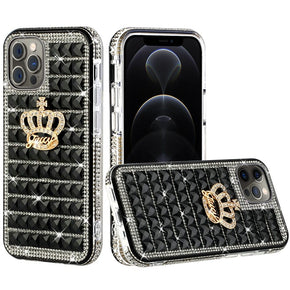 Apple iPhone 13 Pro (6.1) Bling Ornament Diamond Shiny Crystals Case - Crown / Black