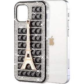 Apple iPhone 13 Pro (6.1) Bling Ornament Diamond Shiny Crystals Case - Eiffel Tower / Black