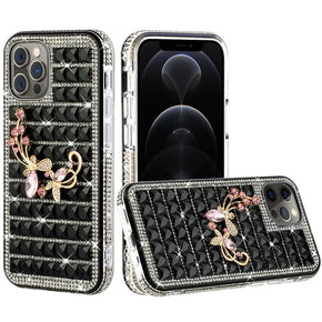 Apple iPhone 13 Pro (6.1) Bling Ornament Diamond Shiny Crystals Case - Butterfly Floral / Black