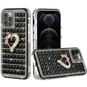 Apple iPhone 13 Pro (6.1) Bling Ornament Diamond Shiny Crystals Case - Heart / Black