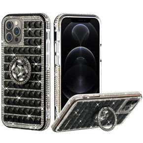 Apple iPhone 13 Pro Max (6.7) Bling Ornament Diamond Shiny Crystals Case - Ring Stand / Black