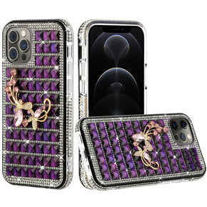 Apple iPhone 13 Pro (6.1) Bling Ornament Diamond Shiny Crystals Case - Butterfly Floral / Purple