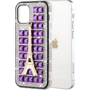 Apple iPhone 13 Pro (6.1) Bling Ornament Diamond Shiny Crystals Case - Eiffel Tower / Purple