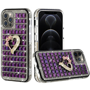 Apple iPhone 13 Pro (6.1) Bling Ornament Diamond Shiny Crystals Case - Heart / Purple