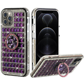 Apple iPhone 13 Pro Max (6.7) Bling Ornament Diamond Shiny Crystals Case - Ring Stand / Purple
