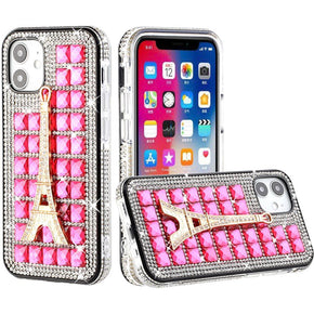 Apple iPhone 13 Pro (6.1) Bling Ornament Diamond Shiny Crystals Case - Eiffel Tower / Hot Pink