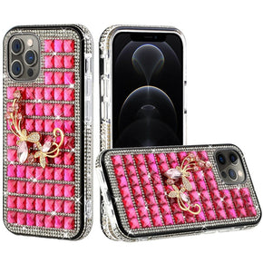 Apple iPhone 13 (6.1) Bling Ornament Diamond Shiny Crystals Case - Butterfly Floral / Hot Pink
