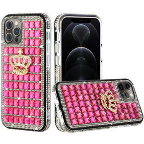 Apple iPhone 13 Pro Max (6.7) Bling Ornament Diamond Shiny Crystals Case - Crown / Hot Pink
