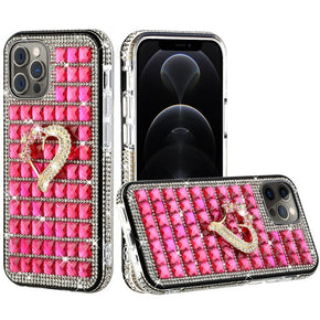 Apple iPhone 13 Pro (6.1) Bling Ornament Diamond Shiny Crystals Case - Heart / Hot Pink