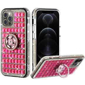 Apple iPhone 13 Pro Max (6.7) Bling Ornament Diamond Shiny Crystals Case - Ring Stand / Hot Pink