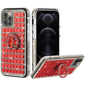 Apple iPhone 13 Pro Max (6.7) Bling Ornament Diamond Shiny Crystals Case - Ring Stand / Red