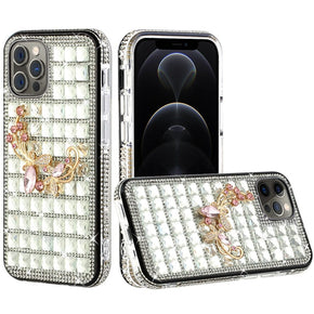 Apple iPhone 13 (6.1) Bling Ornament Diamond Shiny Crystals Case - Butterfly Floral / Silver
