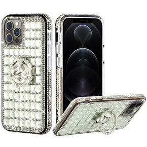 Apple iPhone 13 Pro Max (6.7) Bling Ornament Diamond Shiny Crystals Case - Ring Stand / Silver