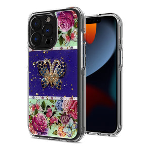 Apple iPhone 13 Pro Max (6.7) Butterfly Ornament Floral Glitter Design Hybrid Case - E