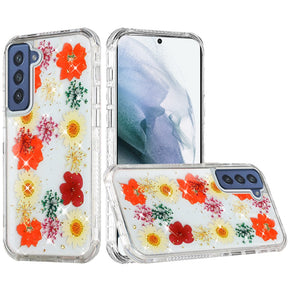 Samsung Galaxy S22 Ultra Floral Epoxy Glitter Design 3-in-1 Hybrid Case - A