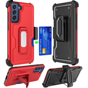 Samsung Galaxy S22 3-in-1 Holster Clip Combo Case (w/ Card Holder and Magnetic Kickstand) - Red / Black